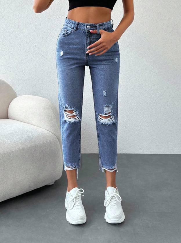 NIEBIESKIE SPODNIE MOM JEANS PRZETARCIA