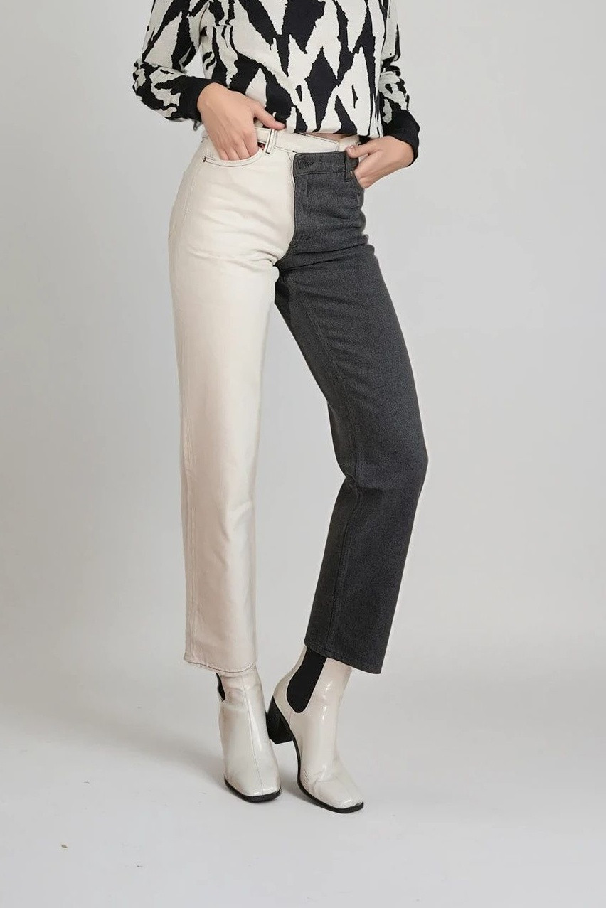 spodnie jeans asymetria kontrast