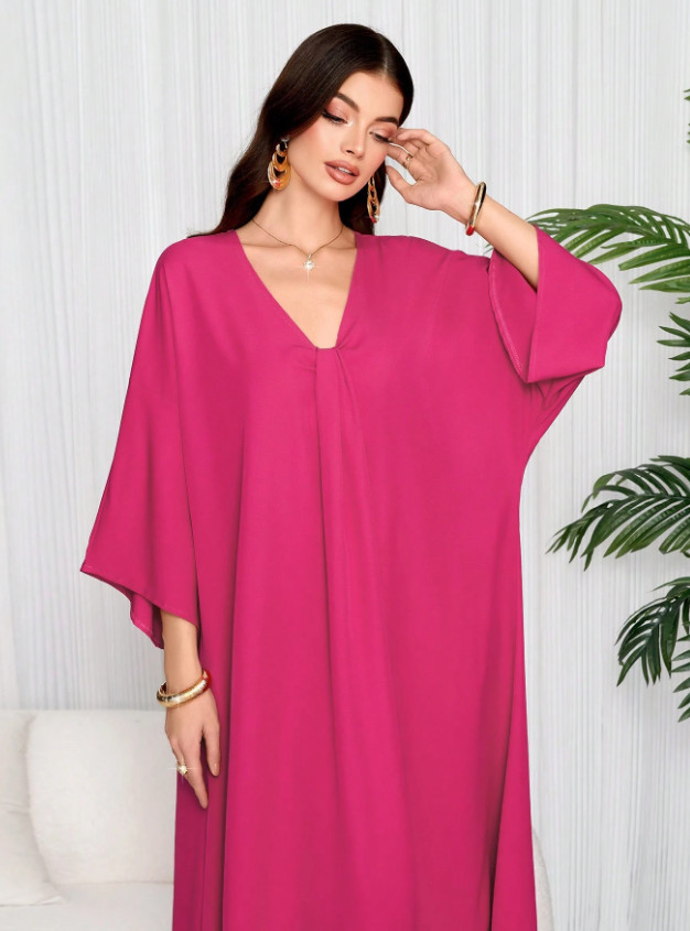 różowa maxi sukienka v-neck
