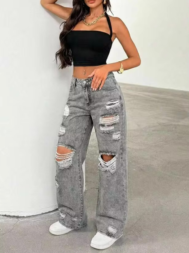 szare spodnie jeans dziury