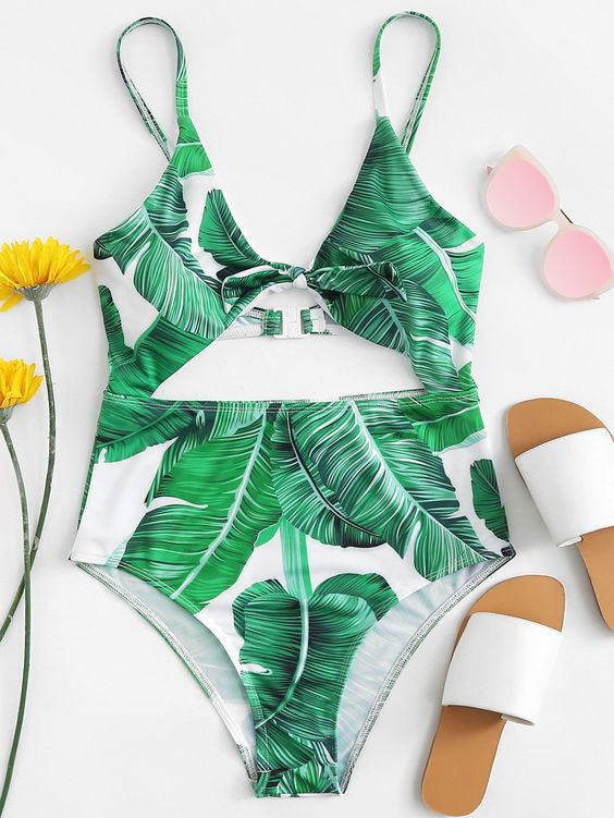 STRÓJ KĄPIELOWY wycięcie tropical print liście