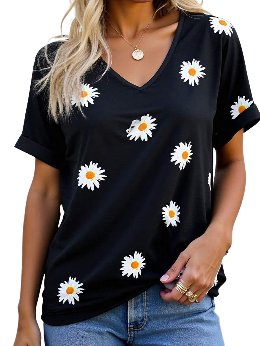 T-SHIRT DAMSKI KWIATY DEKOLT V