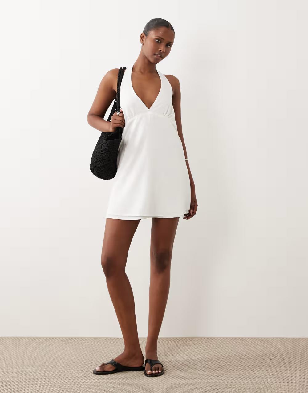 biała mini sukienka z domieszką lnu v-neck
