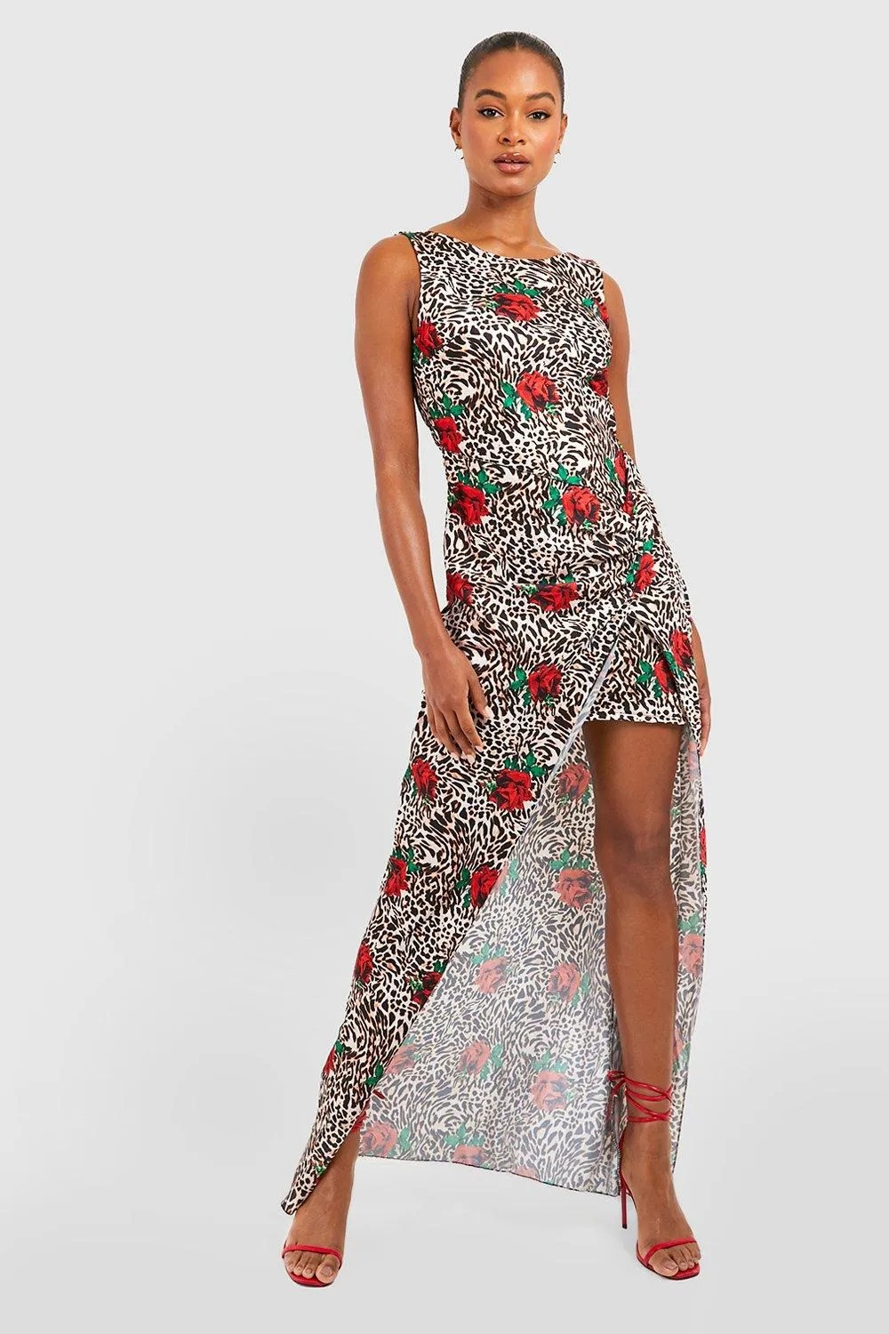 ASYMETRYCZNA MAXI SUKIENKA ANIMAL PRINT KWIATY