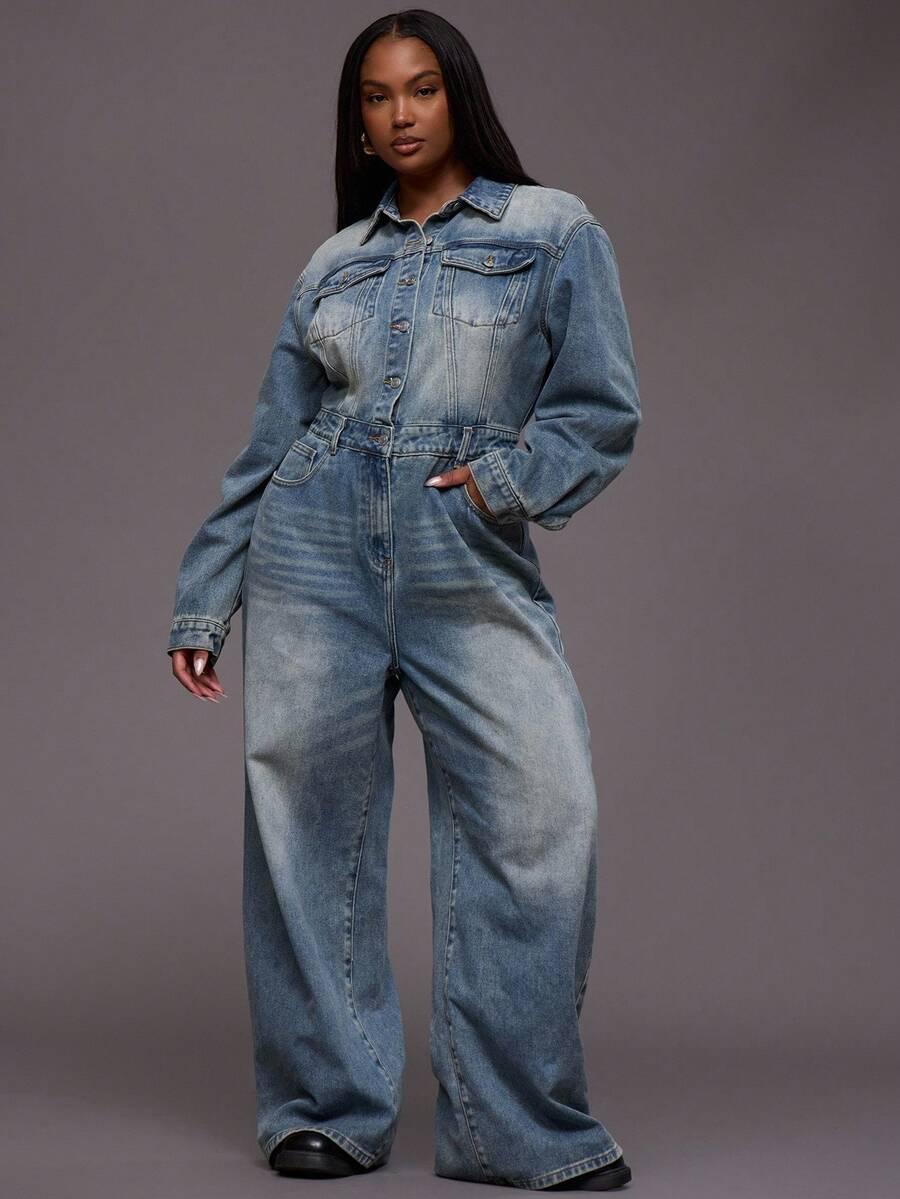 NIEBIESKI KOMBINEZON JEANS KOŁNIERZYK 