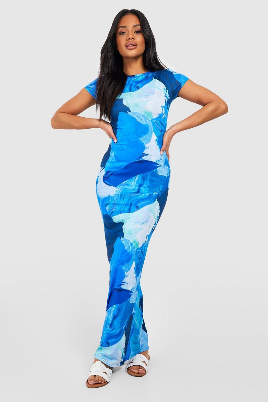 NIEBIESKA MAXI SUKIENKA ABSTRACT PRINT KRÓTKI RĘKAW