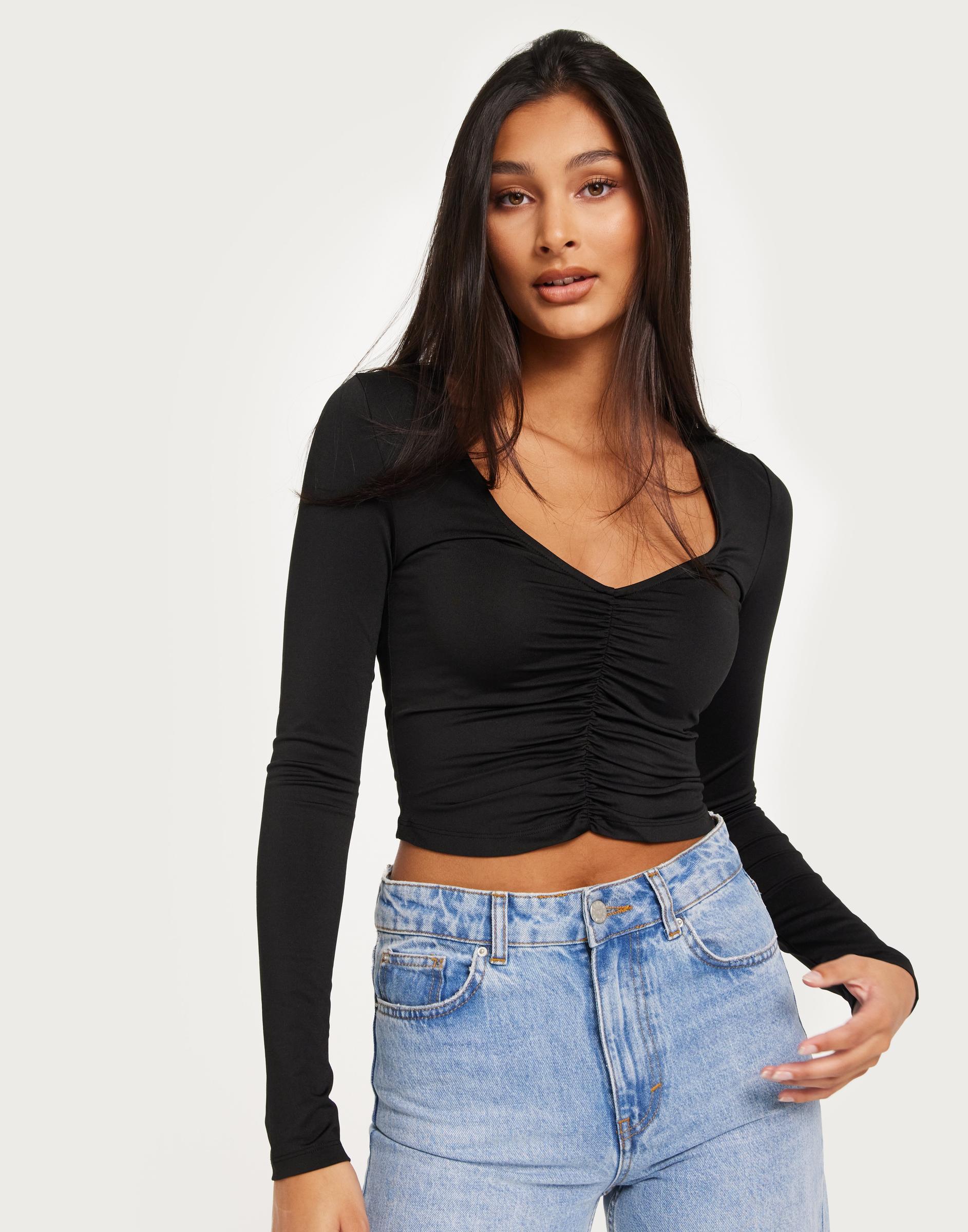 CZARNY CROP TOP DŁUGI RĘKAW MARSZCZENIE V-NECK