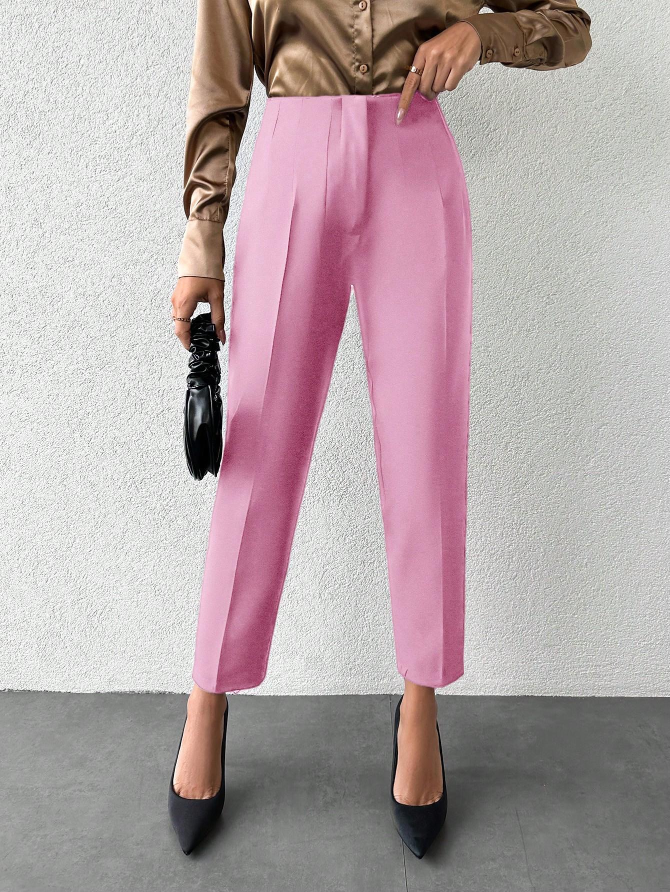 różowe spodnie wysoki stan casual 