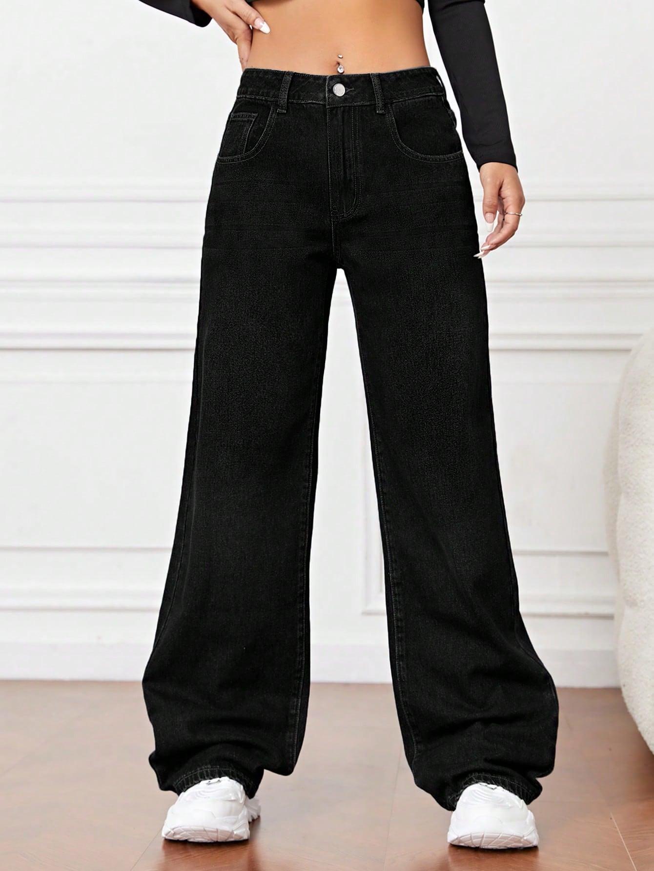 czarne proste spodnie jeans wysoki stan