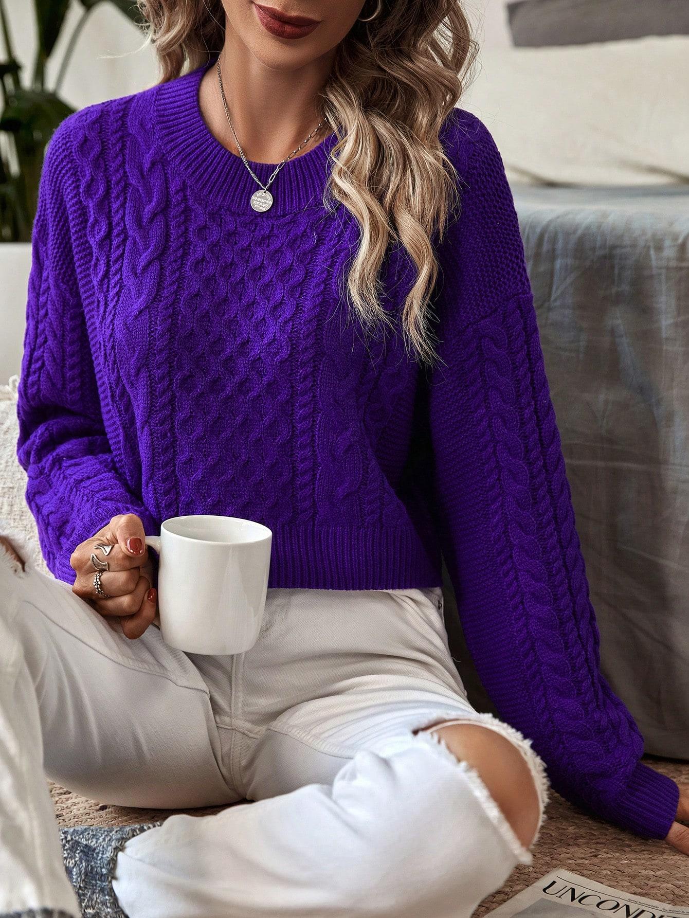 fioletowy krótki sweter okrągły dekolt tekstura