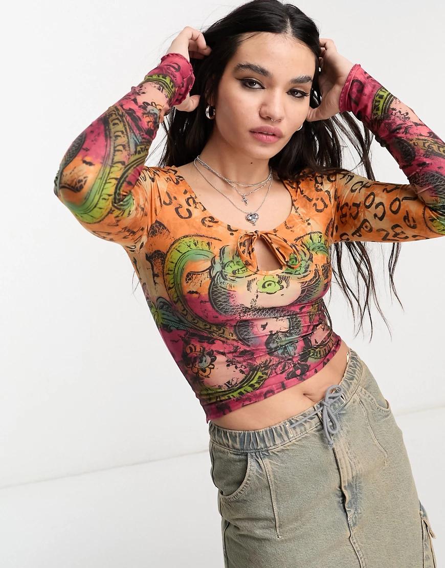 CROP TOP PRINT WYCIĘCIE DŁUGI RĘKAW