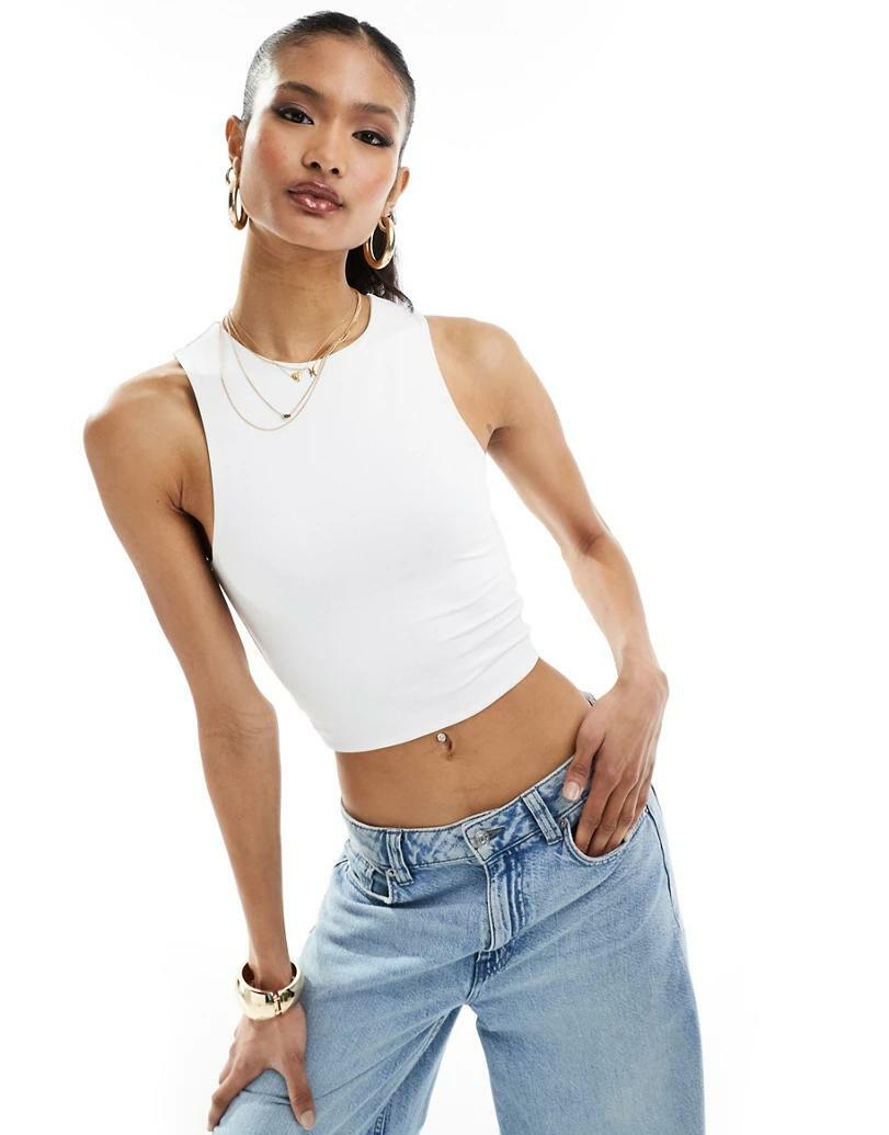 biały gładki crop top bez rękawów basic