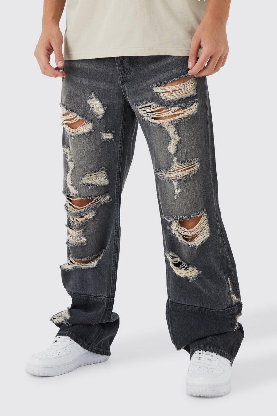 szare spodnie ripped jeans guziki kieszenie