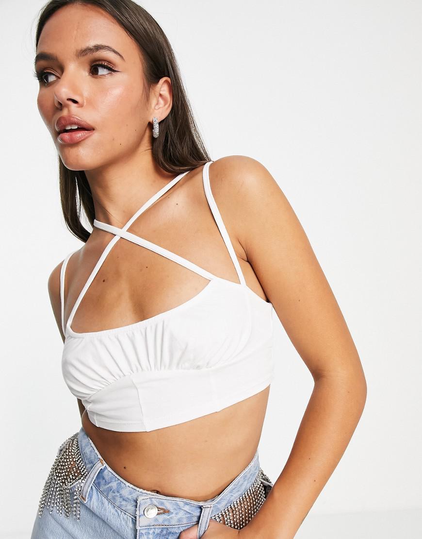 biały CROP TOP PASKI marszczenie