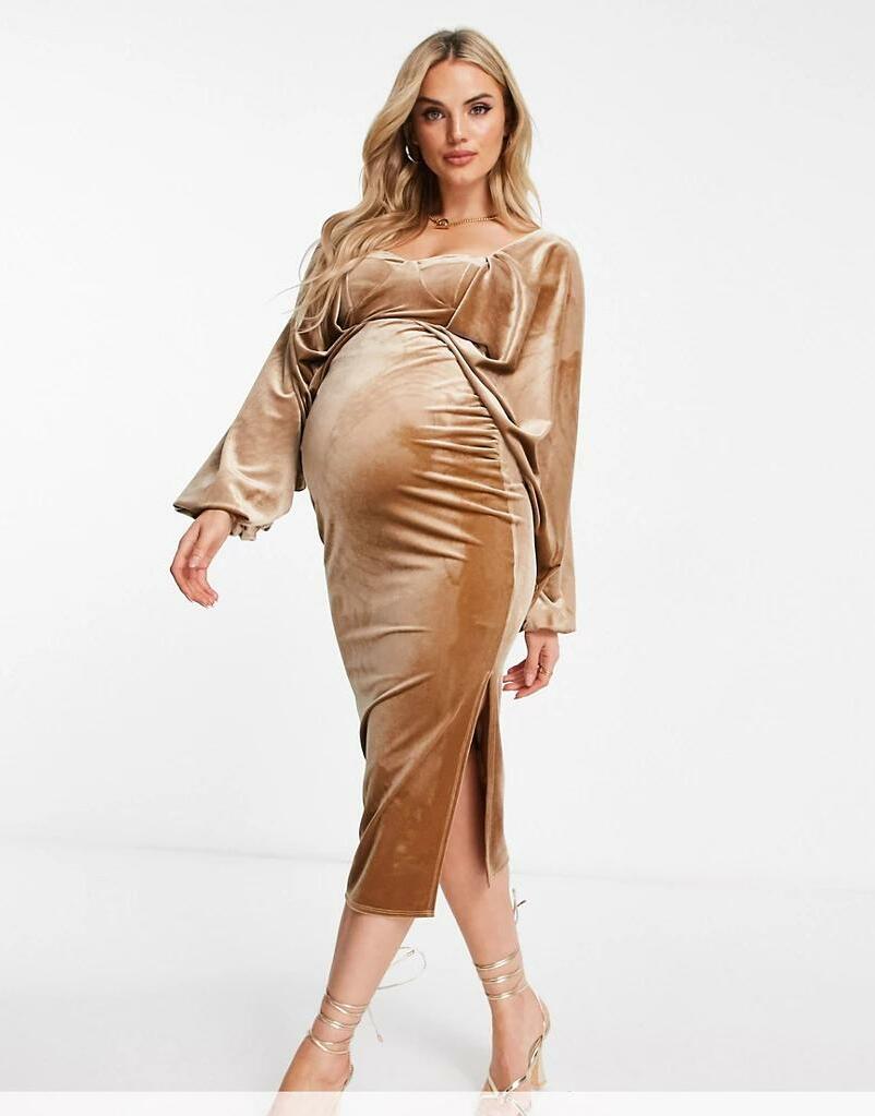 welurowa ciążowa midi sukienka z długim rękawem