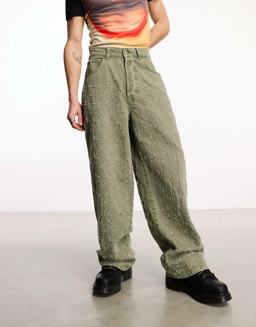 zielone spodnie jeans szerokie nogawki tekstura