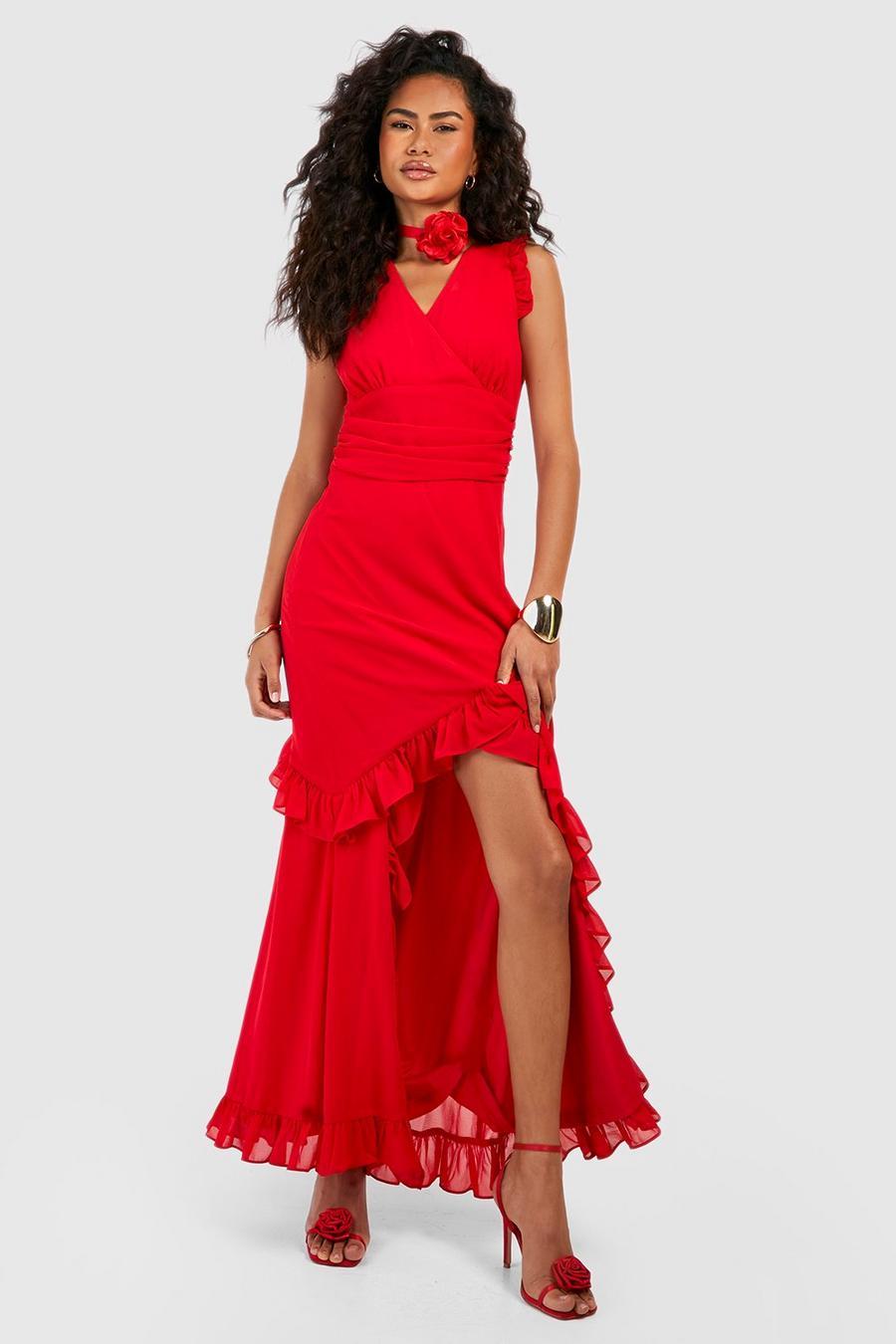 czerwona maxi sukienka falbany rozporek