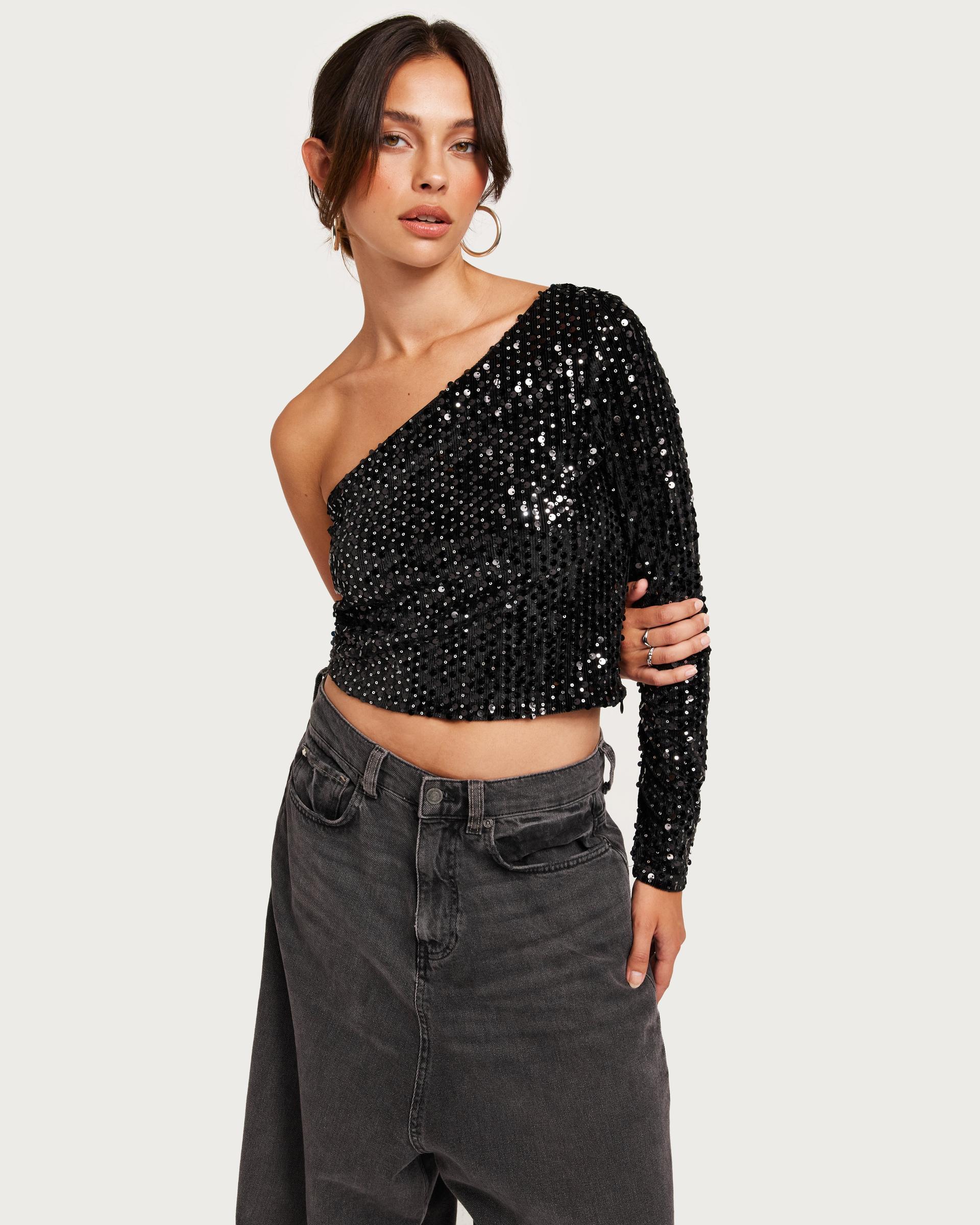 czarny crop top asymetria cekiny welur zdobienie