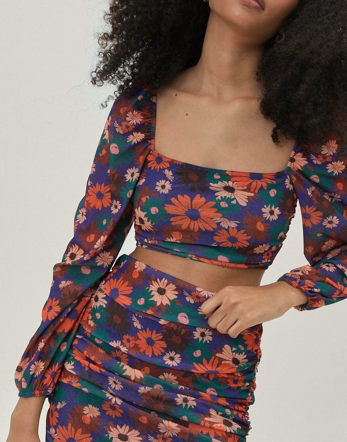 CROP TOP DŁUGI RĘKAW PRINT kwiaty