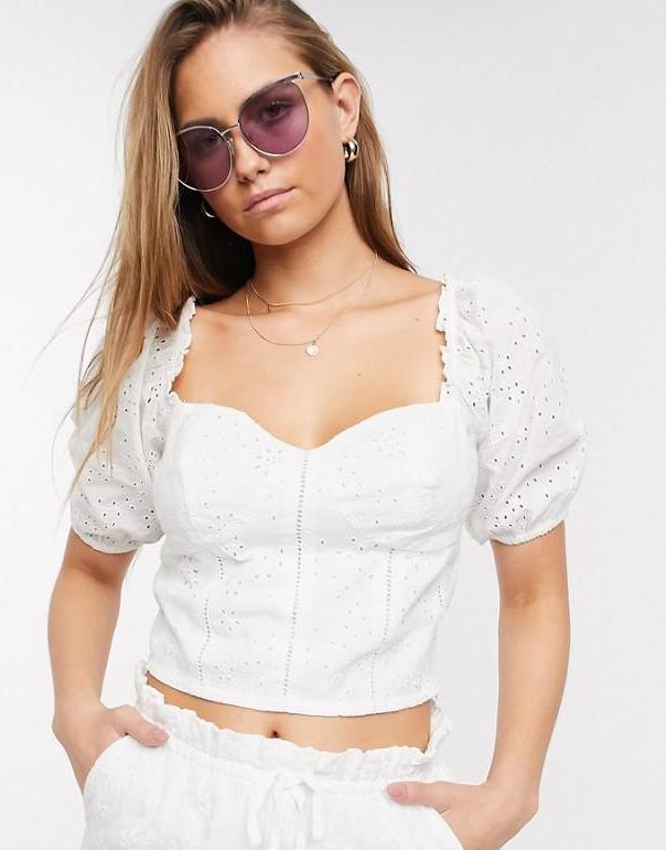 BIAŁY crop TOP HAFT krótki rękaw BUFKI