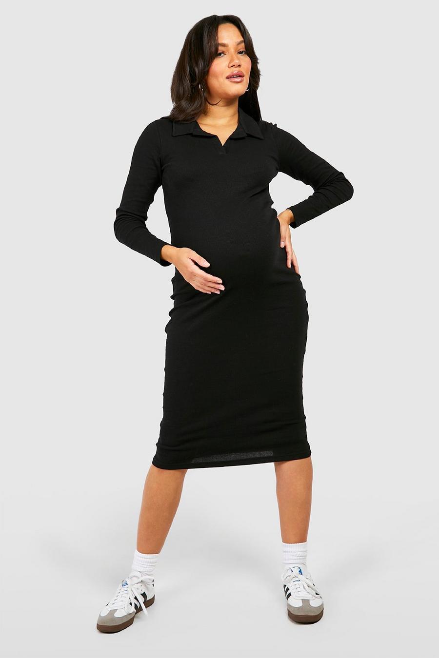 czarna prążkowana sukienka ciążowa midi kołnierzyk