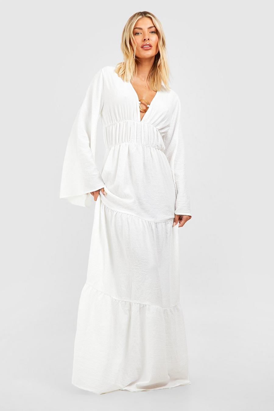 TEKSTUROWANa biała sukienka maxi dekolt styl boho 