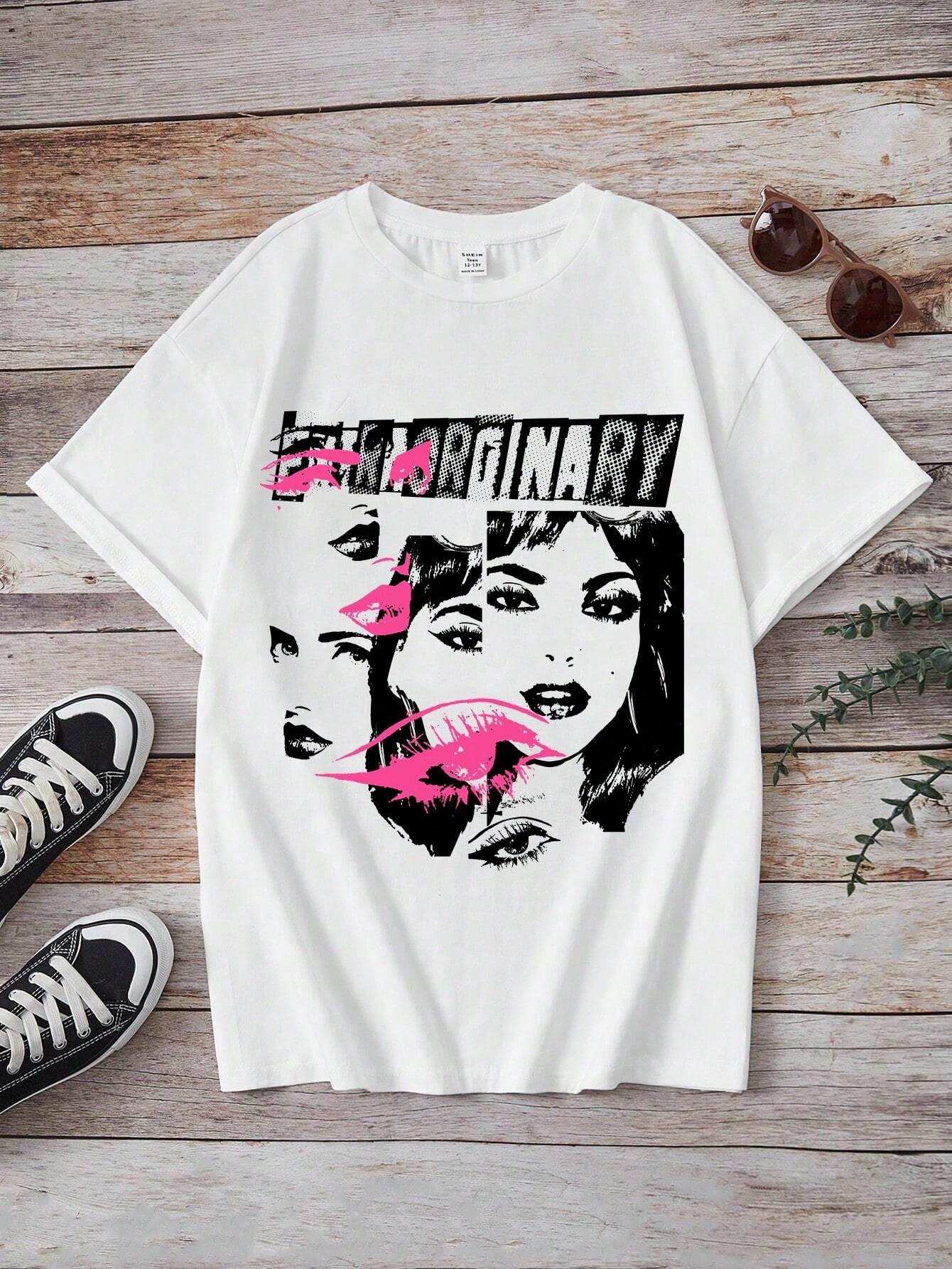 biały t-shirt z okrągłym dekoltem oversize print