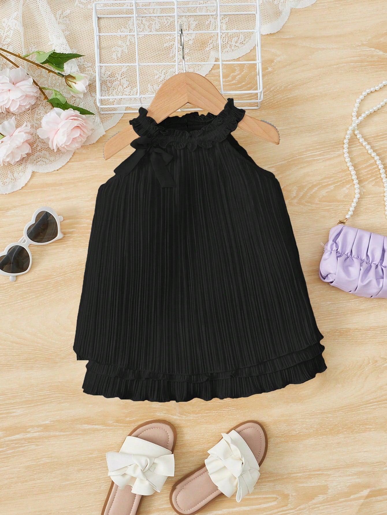 czarna plisowana sukienka bez rękawów stójka kokarda