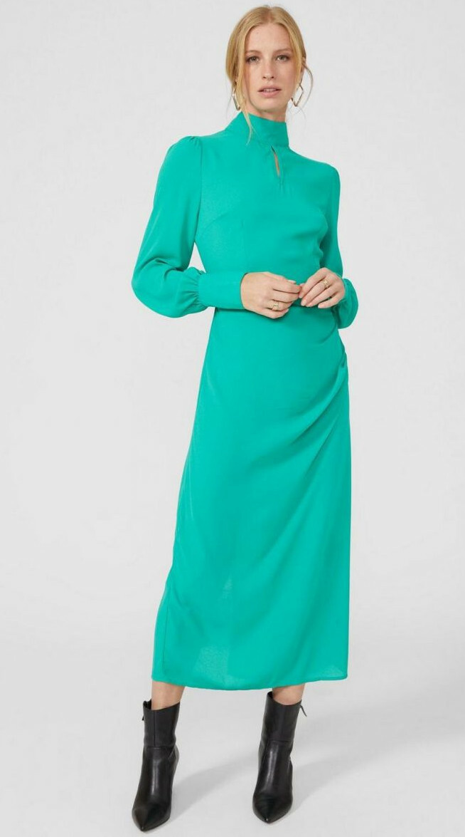 zielona midi sukienka stójka długi rękaw