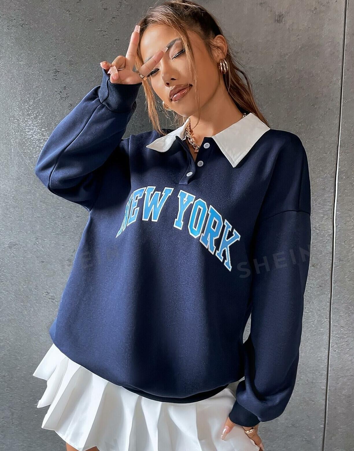 BLUZA NAPIS new york kołnierzyk kontrast