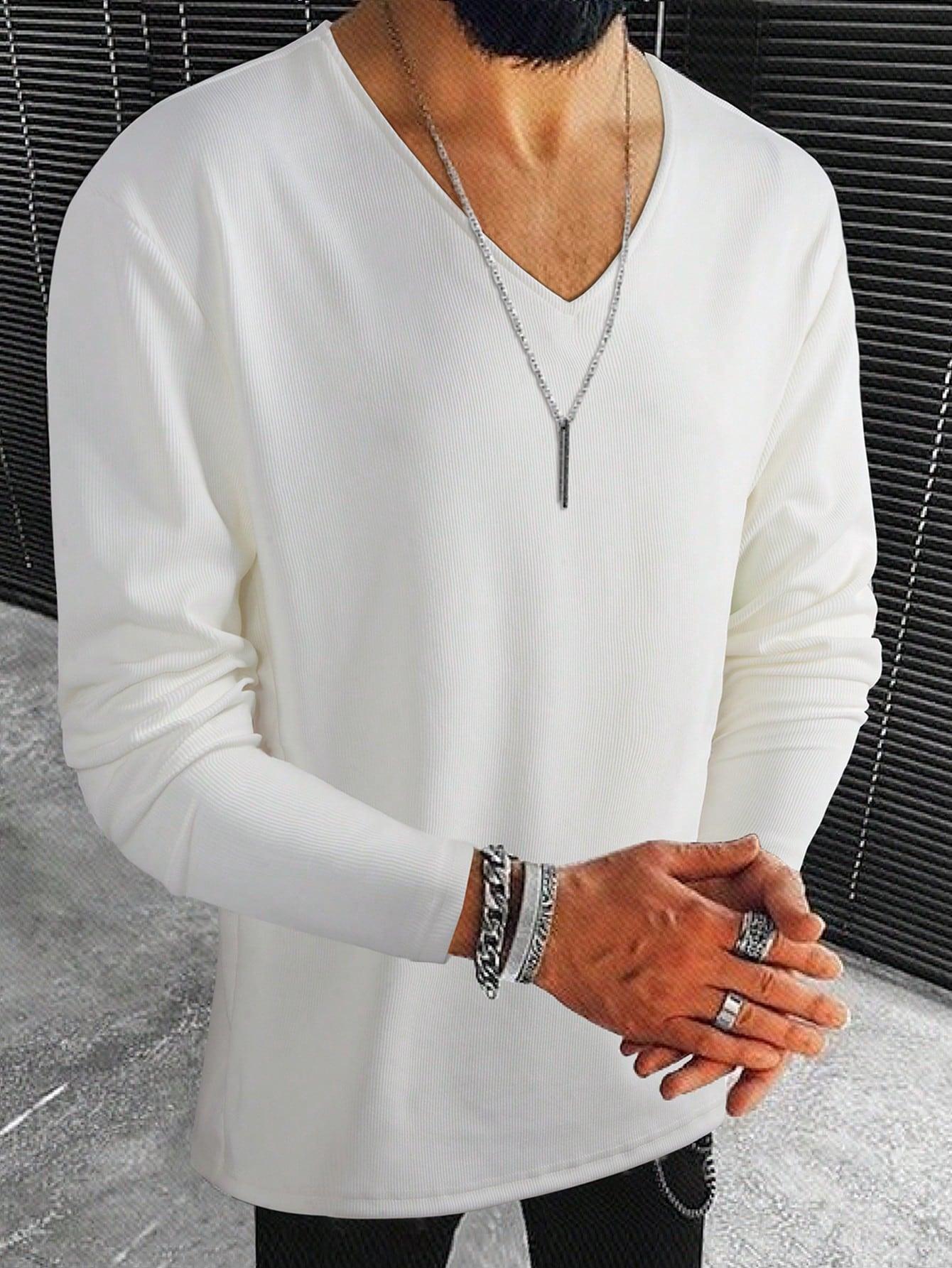 biała koszulka z długim rękawem prążki dekolt v