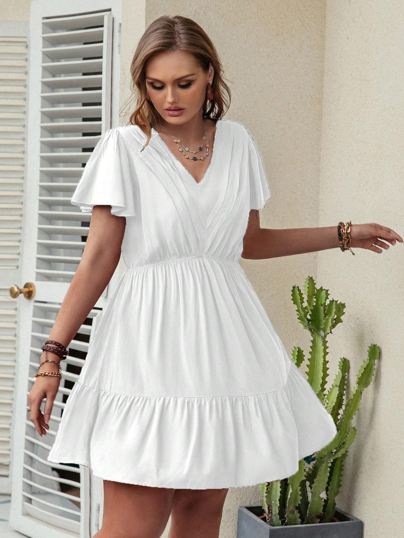 biała mini sukienka krótki rękaw dekolt v