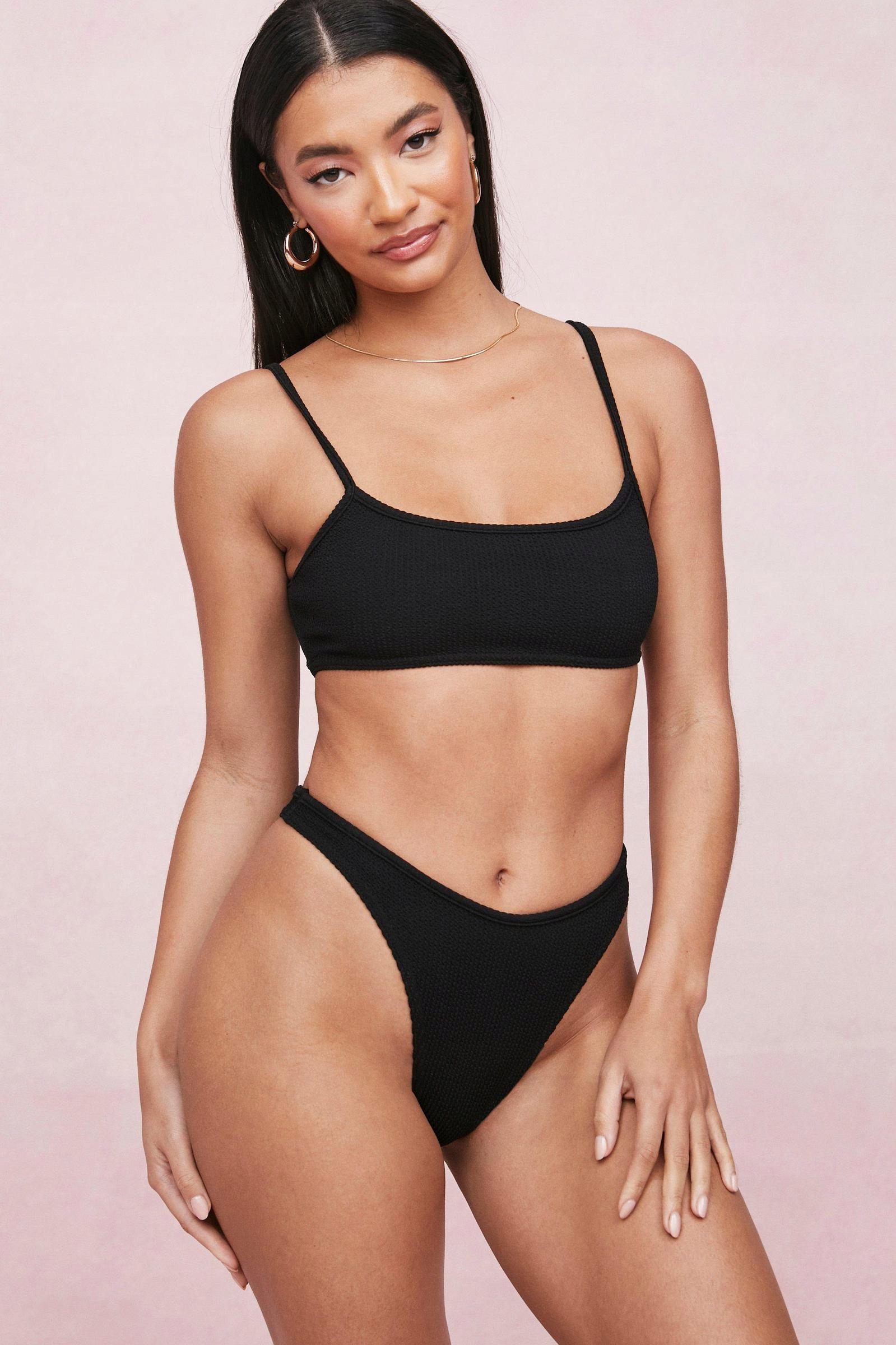 czarna góra od bikini crop top marszczenia 