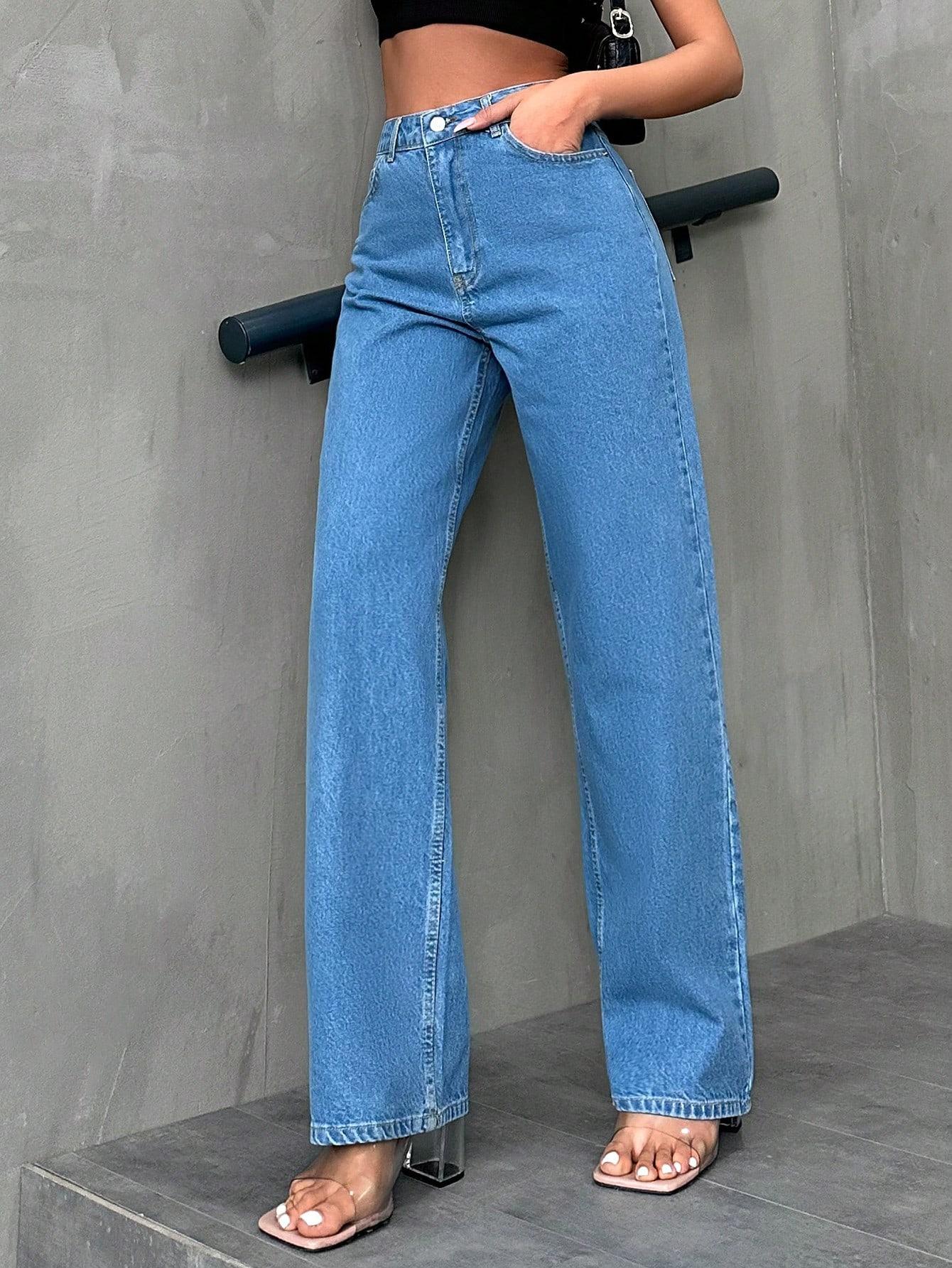 proste spodnie z wysokim stanem jeans kieszenie
