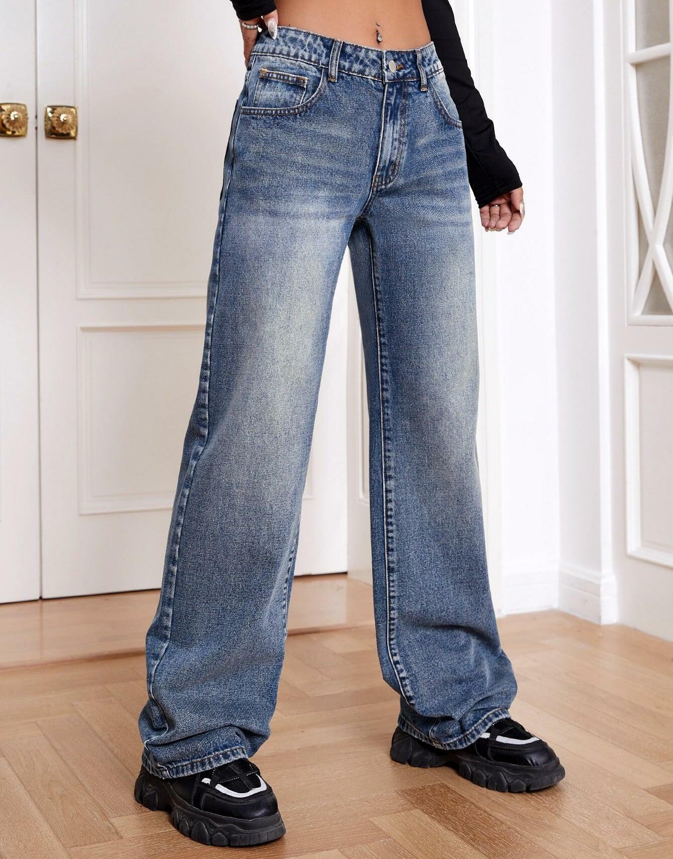spodnie jeansowe szerokie nogawki zamek kieszenie