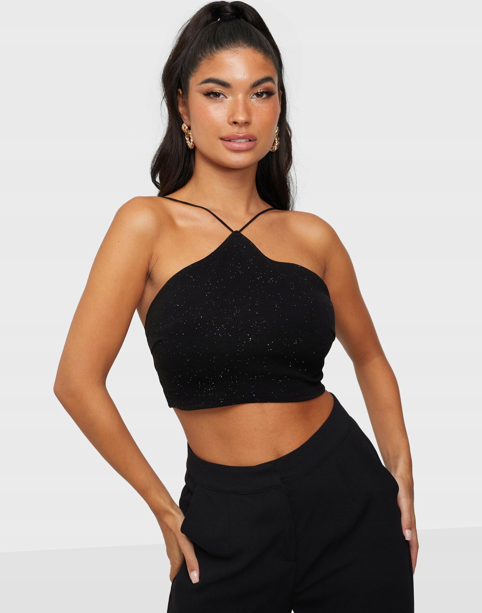 czarny crop top ramiączka brokat 