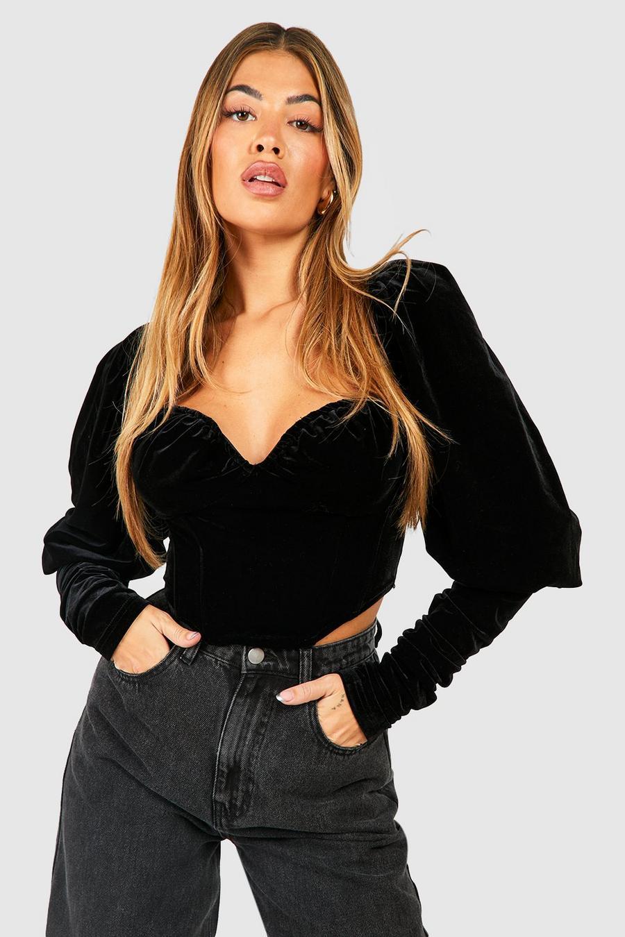 WELUROWY CROP TOP GORSET DŁUGI RĘKAW BUFKI