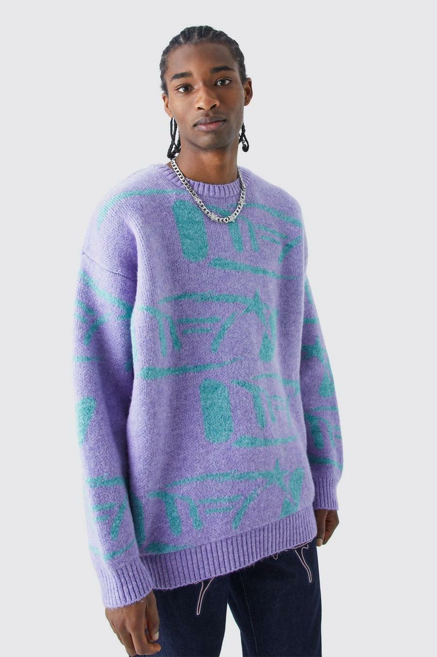 fioletowy sweter oversize wzór