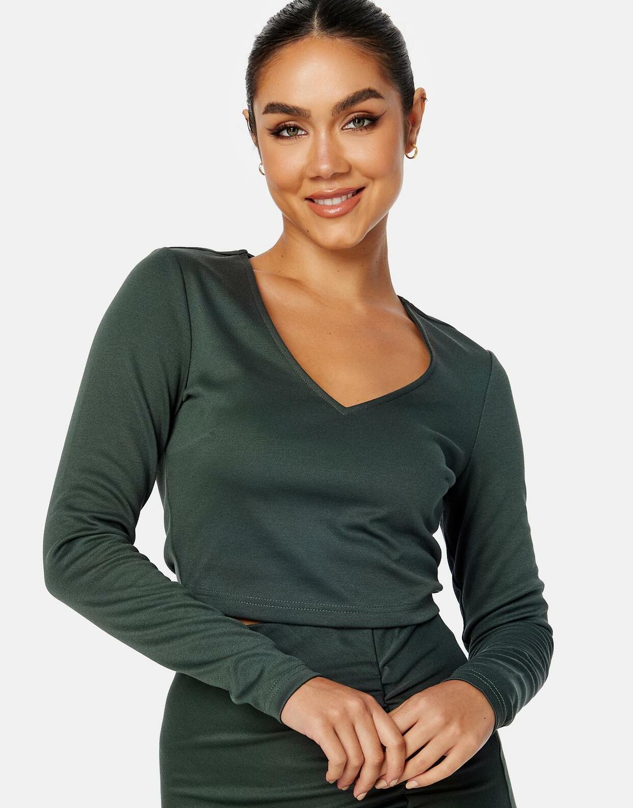 klasyczna zielona bluzka z długim rękawem v-neck