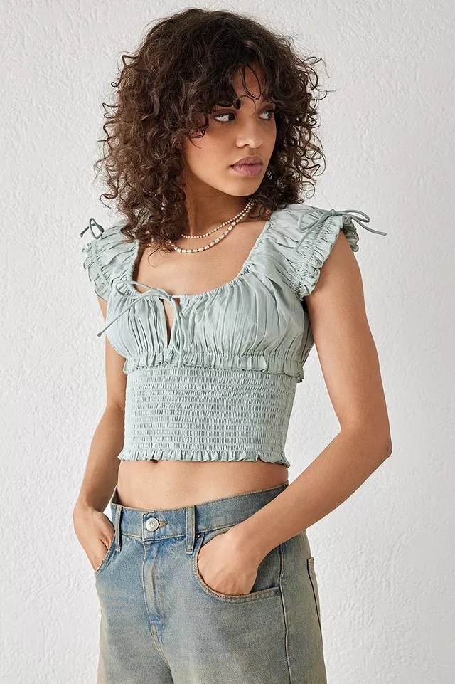 szary crop top marszczenie bufki