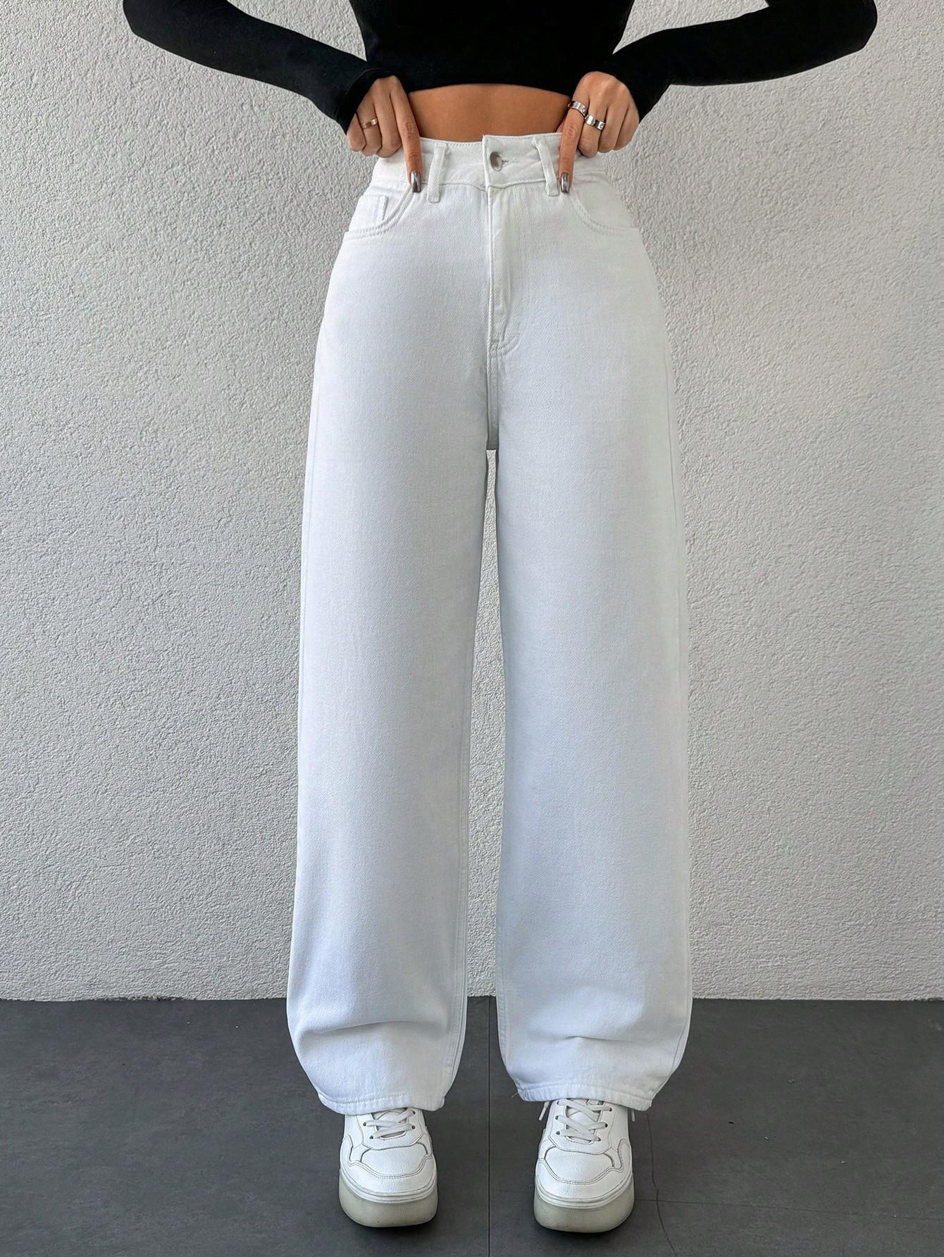  białe spodnie jeans wysoki stan 
