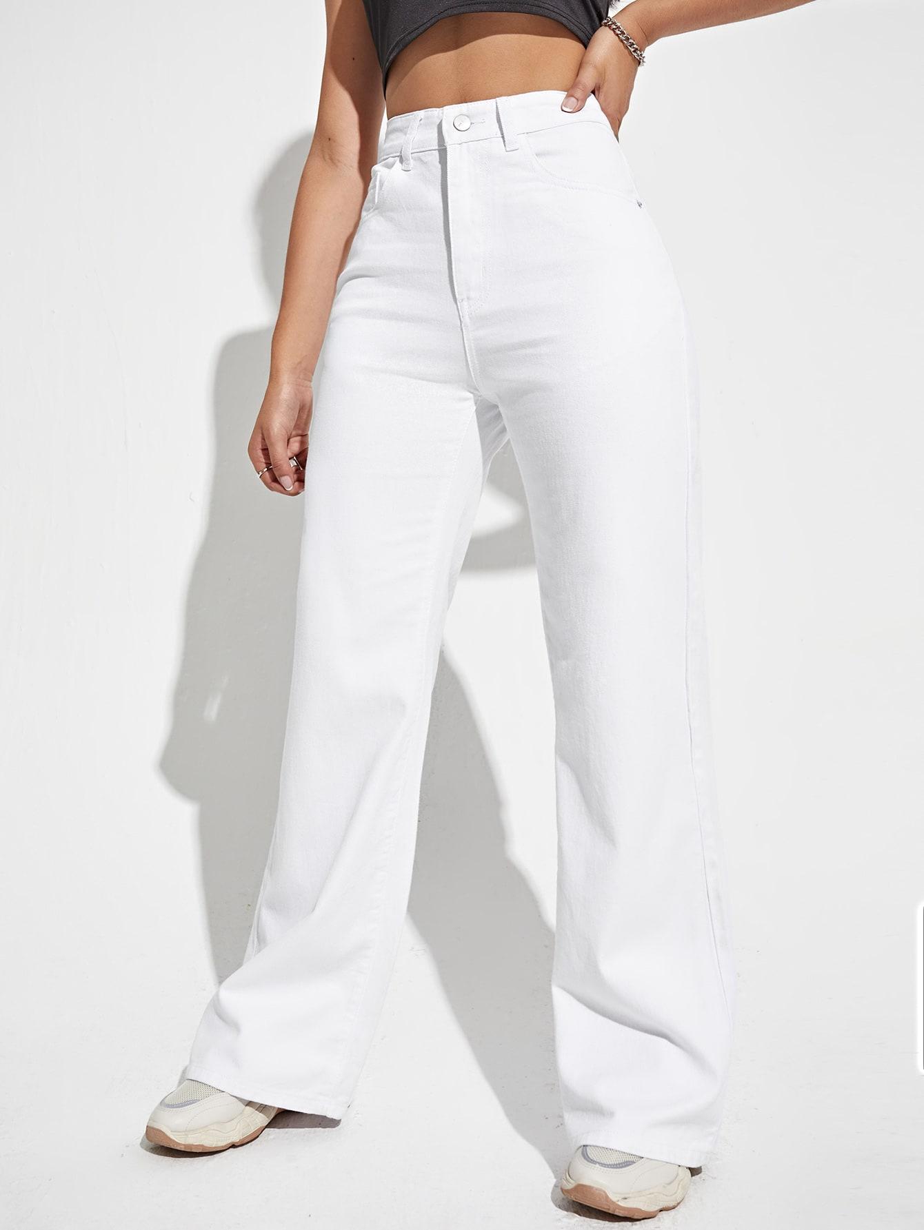 białe proste spodnie jeans wysoki stan