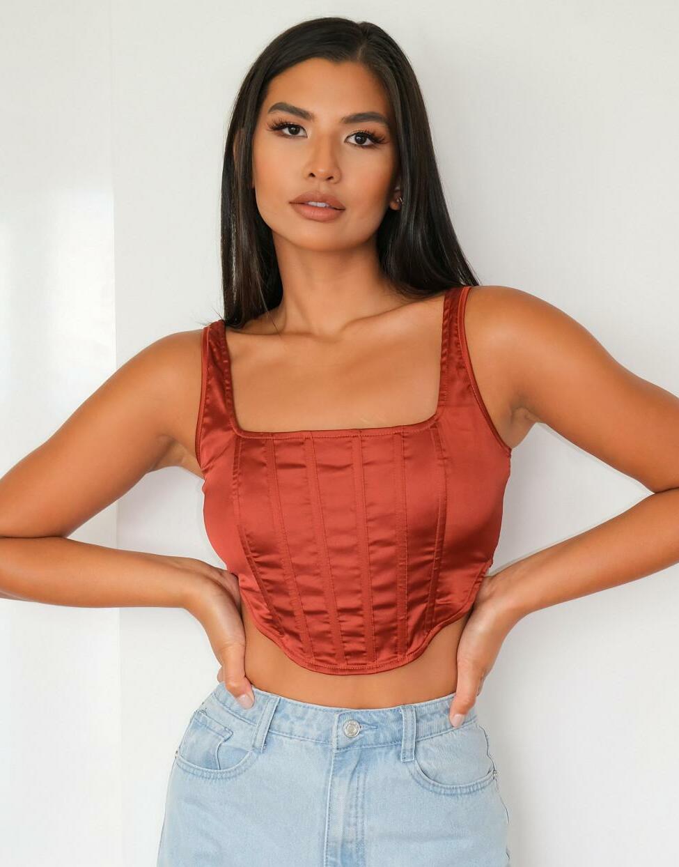 brązowy satynowy CROP TOP RAMIĄCZKA