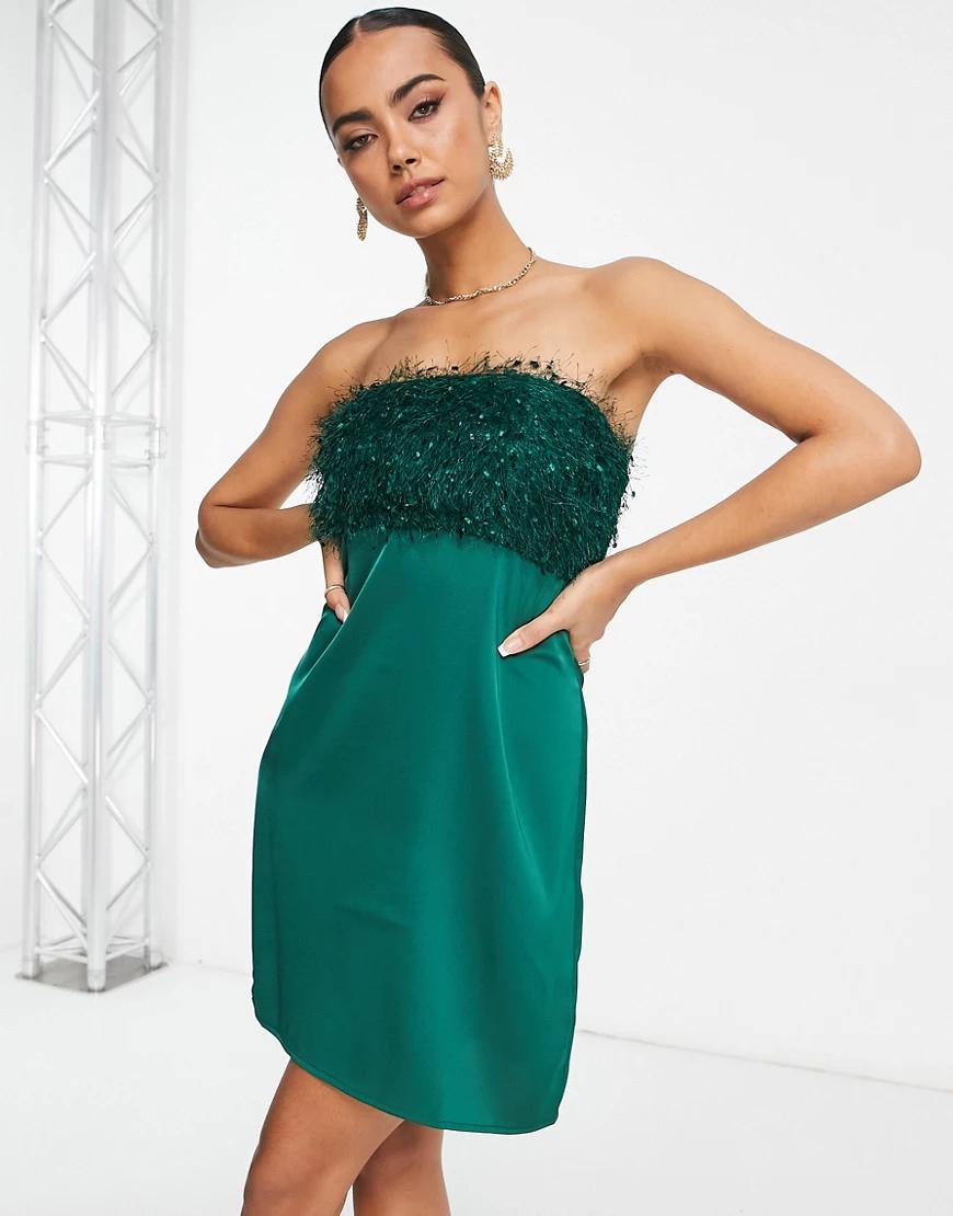 zielona mini sukienka satyna frędzle