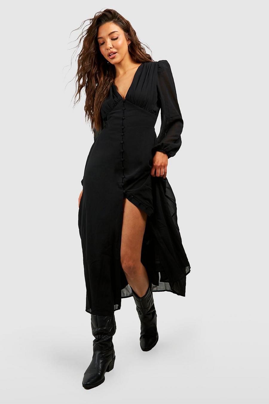 czarna maxi sukienka guziki dekolt rozporek
