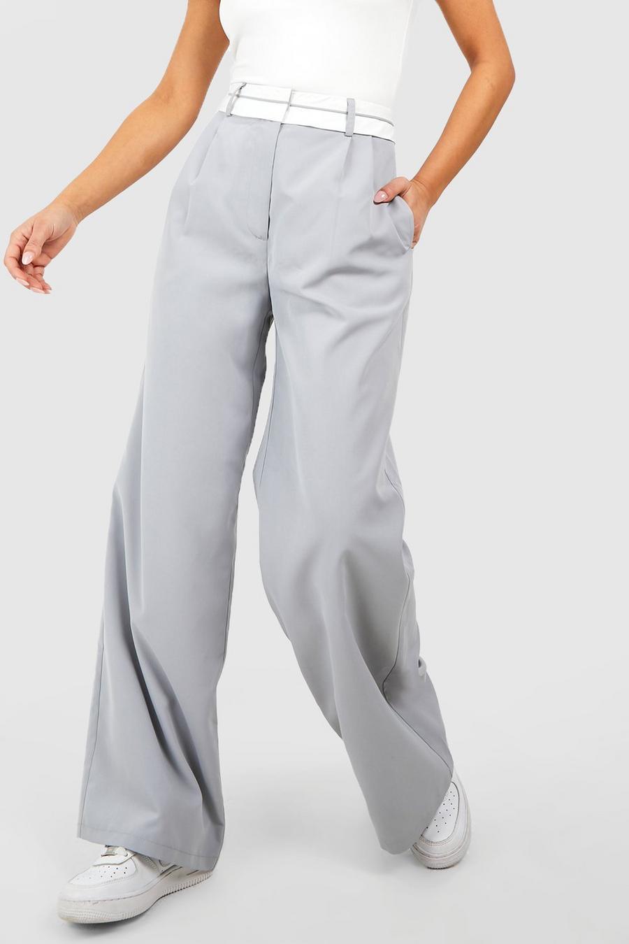 szerokie szare spodnie wstawka kontrast pas kieszenie