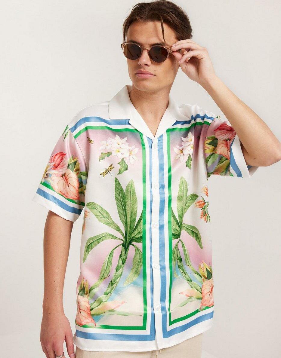 koszula krótki rękaw satyna tropical print