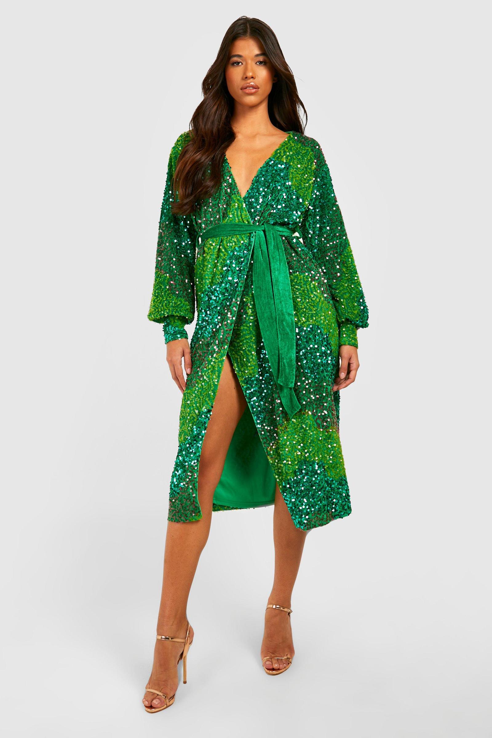 zielona cekinowa midi sukienka z długim rękawem