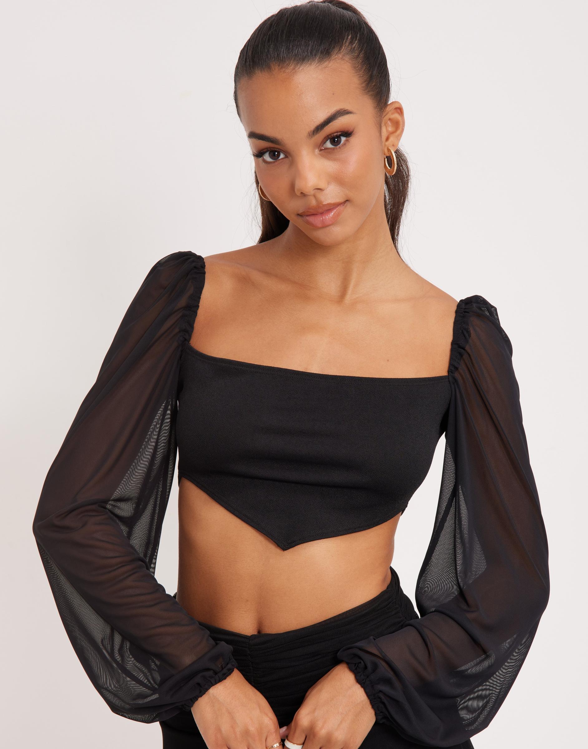 czarny crop top łączenie siateczka długi rękaw