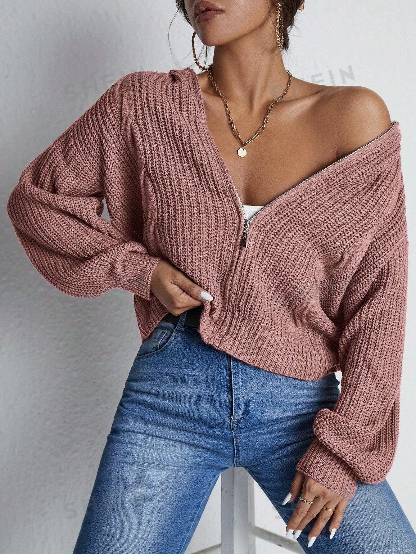 różowy sweter z kapturem splot casual 